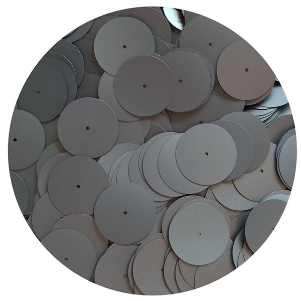 20mm Flat Round Sequin Paillettes Center Hole Hematite Gunmetal Gray Matte Silk Frost. Made in USA