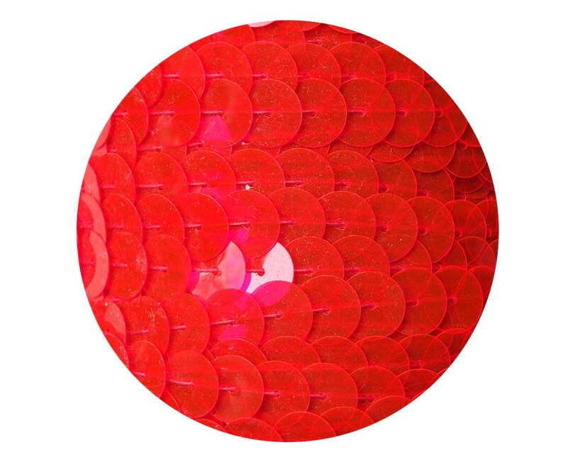 Red Fluorescent See-Thru Large Sequin Trim 10mm round flat, stitched, strung by the yard. 15' per pack. Made in USA image 1