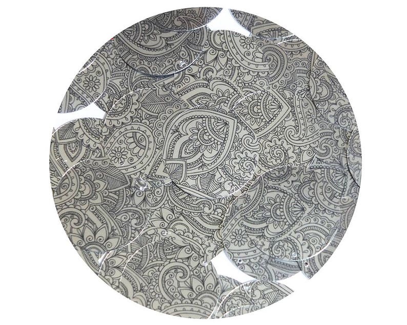 Sequin Round 30mm Mehndi Henna Style Print Black Silver Metallic