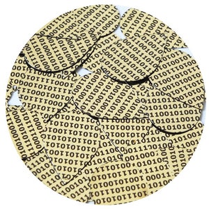 Puede incluir: Primer plano de una disposición circular de pequeños trozos de papel en forma de corazón de color amarillo. Cada pieza tiene un patrón negro de 1 y 0, que se asemeja a código binario.