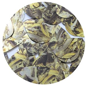 Sequin Teardrop 1.5&quot; Yellow Silver Bird Feathers Print Metallic