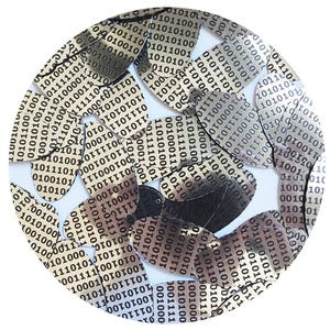 Puede incluir: Obra de arte circular abstracta con formas superpuestas impresas con código binario en beige y negro. El diseño se establece sobre un fondo blanco, creando un contraste visual.