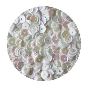 May include: A close-up image of a pile of iridescent white sequins. The sequins are round with a small hole in the center.