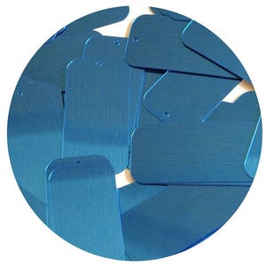 May include: A close-up of a pile of blue metallic sequins. The sequins are rectangular with a hole in the center.