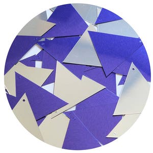 May include: A circular arrangement of metallic triangle shapes in silver and purple. The triangles are scattered and overlapping, with a small hole at the top of each. The background is white.