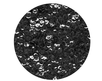 May include: A close-up image of a large quantity of black sequins. The sequins are round with a small hole in the center. They are arranged in a random pattern.