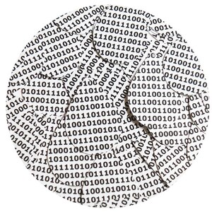 Puede incluir: Un rompecabezas circular blanco con piezas que tienen un patrón de 1 y 0 negros. El rompecabezas está roto en varias piezas.