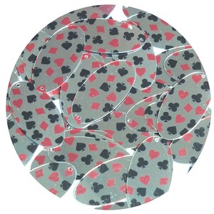 Lantejoulas Oval 1,5" Clubes de Cartas Corações Espadas Diamantes Prata Metálico
