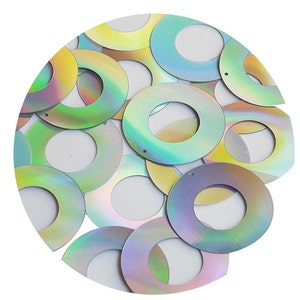 May include: A pile of iridescent, holographic, round sequins with a hole in the centre. The sequins are various shades of green, blue, and yellow.
