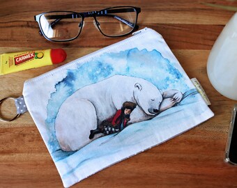 Handy zip pouch | Cold Comfort | Artist designed, handmade | Polar Bear, Winter, Snow, Illustration