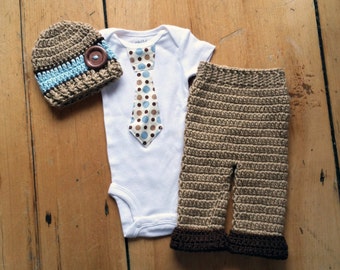 Newborn Boy Coming Home Outfit - Polka Dot Tie Shirt w/ Matching Crochet Hat & Roll Cuff Pant in Tan, Brown, and Blue - Optional Booties