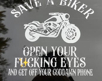 SAVE A BIKER Decal, Motorcycle Safety Sticker, Two Designs Available, Biker Awareness Decal, Don’t Text and Drive Decal, Ride Safe Sticker