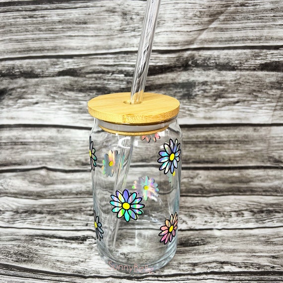 Beer Can Glass With Lid and Straw Holographic Flower Glass 