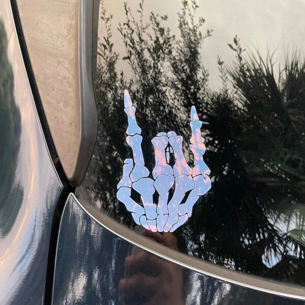 Holographic Skeleton Hand Decal: Rock On Car Sticker