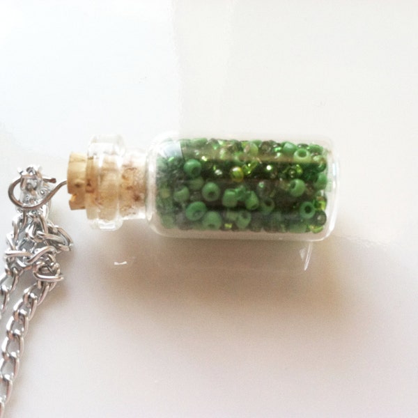 Spring Green- Glass Jar Necklace, small glass bottle pendant necklace, green seed beads