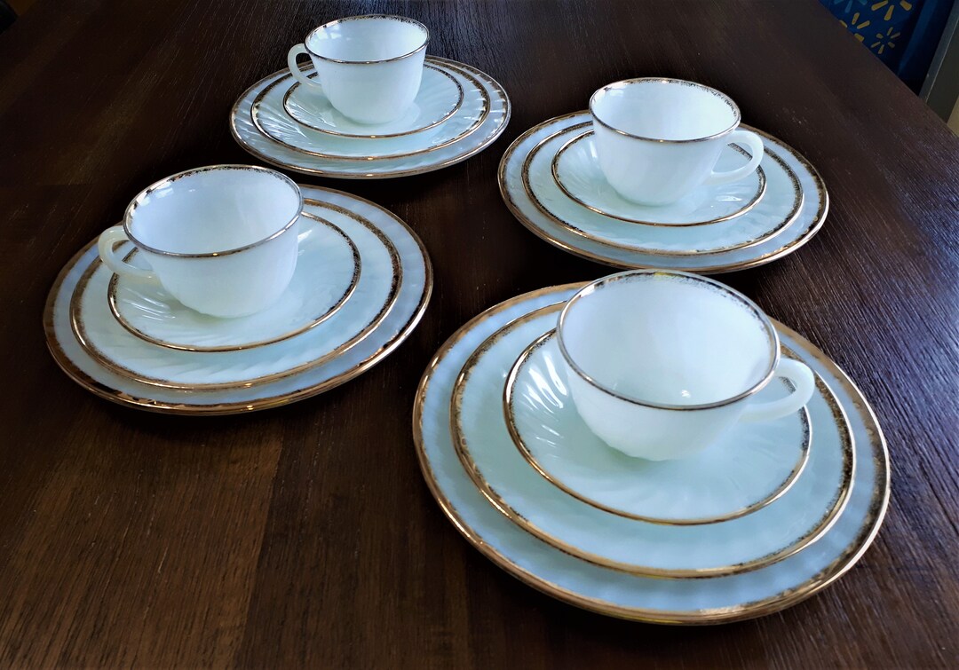 Fire King Dinnerware, Set of Four 16 Pieces Vintage White Glass and