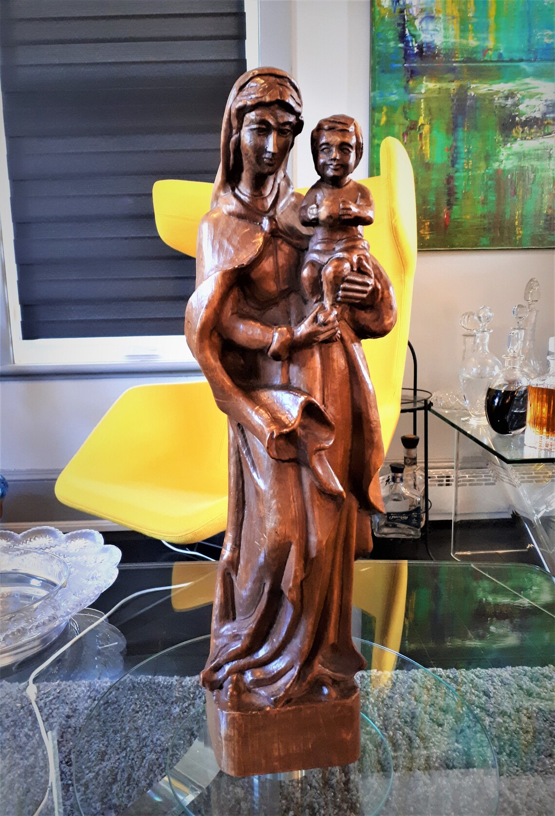 Statue the Virgin Mary With Jesus Handmade Wooden Sculpture Etsy