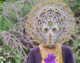 Mask Headdress Art Festival Fashion Sacred Geometry Deity God  Goddess Costume Shaman Hat Alien Solar Wood Layered Laser Cut