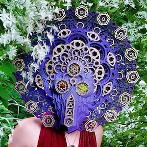 Laser Cut Wood Mask: Sacred Geometry Headdress, Art Festival Costume Deity Cosmic Machine Elf Costume Shaman Hat Alien Solar Punk Solarpunk