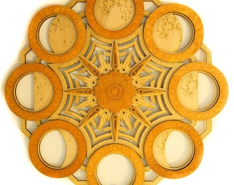 Moon Phases Mandala Multilayer Laser Cut Wood Sculpture Sacred Geometry Celestial Meditation Yoga Wicca Visionary Art