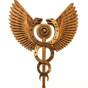 Caduceus Healing Staff Serpents Ailes Hermès Multi Couche Laser Découpé Bois Art Hermétique Kabbale Grecque Anciens Symboles Personnel Deux