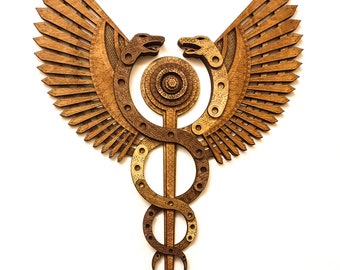 Caduceus Healing Staff Snakes Wings Hermes Multi Layer Laser Cut Wood Art Hermetic Kabbalah Greek Ancient Symbols Staff  Two