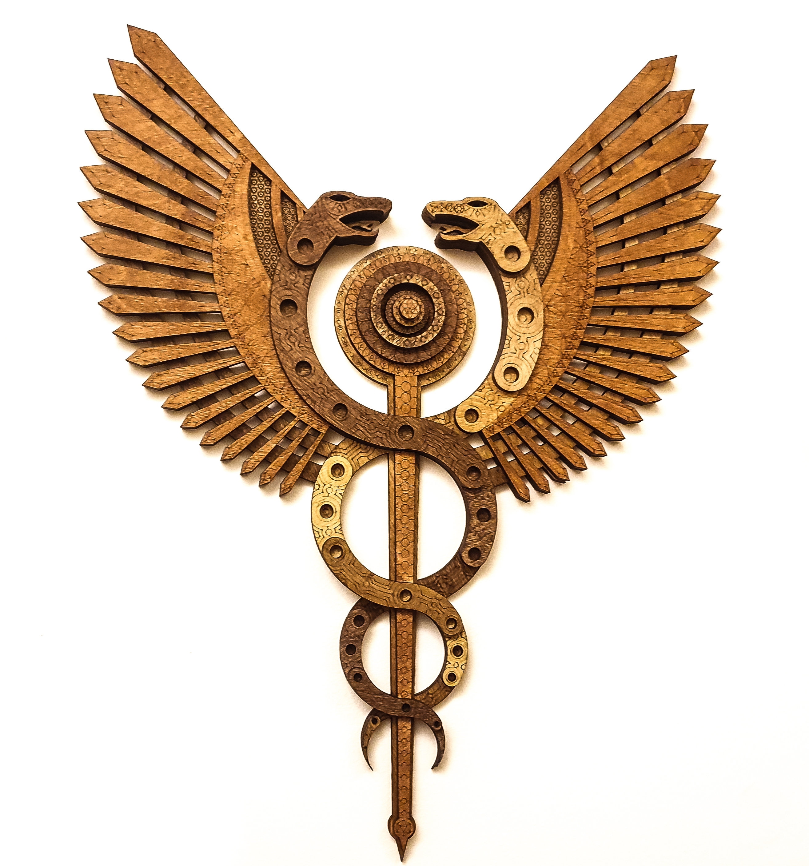 Caduceus Healing Staff Snakes Wings Hermes Multi Layer Laser Cut Wood Art Hermetic Kabbalah Greek Ancient Symbols Staff  Two