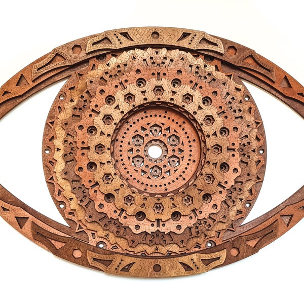 Heilige oog-mandala: lasergesneden houten geometrische sculptuur