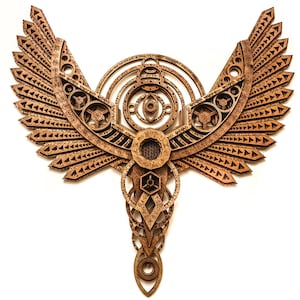 May include: A wooden wall art piece in the shape of a stylized bird with intricate geometric patterns and a circular design in the center.