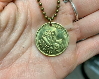 Vintage Lady Peep Show Token Necklace - Naughty Heads / Tails