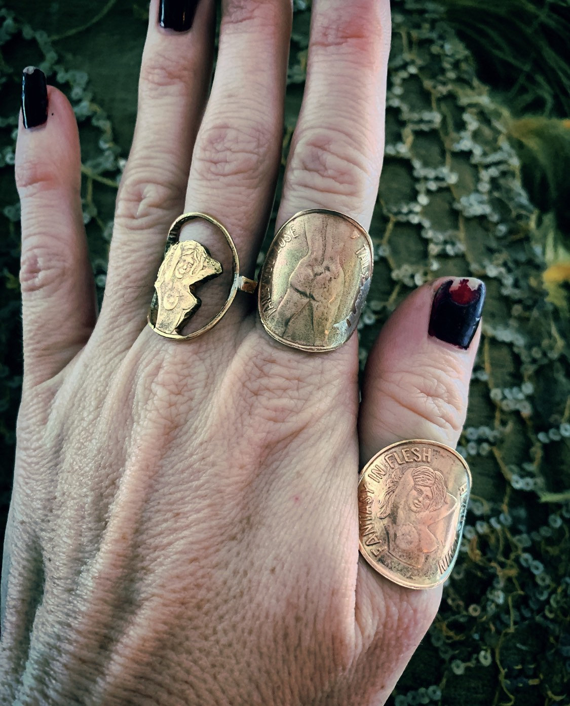 1970s Vintage Peep Show Brass Token Rings - Full Moon Tails and Topless Heads Coin Rings