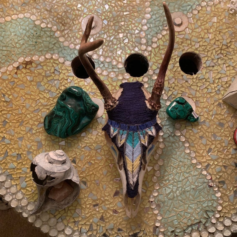 Yarn Painted Deer Skull Navy Blue With Feathers Boho Etsy