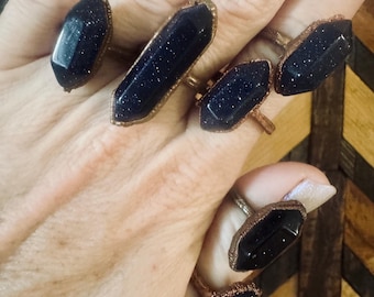 Copper Electroformed Ring with Blue Goldstone Points Sizes 6, 7.5 and 8.5