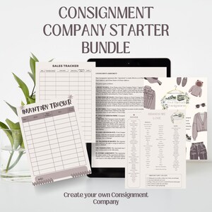 May include: A digital marketing bundle for starting a consignment company. The bundle includes a sales tracker, inventory tracker, consignment agreement, and a list of brands we love. The image also includes a graphic of a clothing rack with the text "Cool Threads Consignment".