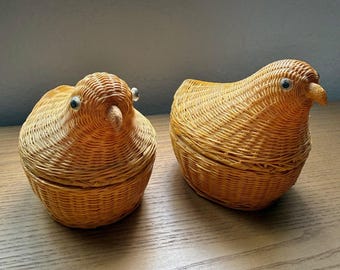 2 Vintage Korbwachtel Vogel Trinket Boxes Paar Handgewebtes Rattan Boho Cottagecore