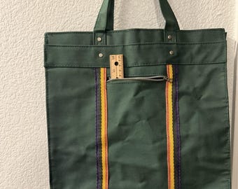 Vintage Green 70s Striped Tote Bag Purse Retro Mod Handbag