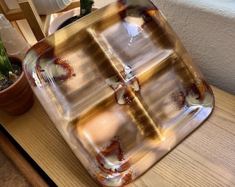 Vintage Sango Splash Divided Serving Dish – 1990s Brown Reactive Glaze Ceramic Tray