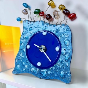Artisan Postmodern Fused Glass Clock, Cobalt Blue, Textured, Wavy and Colorful