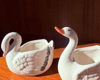 Vintage White Ceramic Swan Planter Pair with Orange Beaks