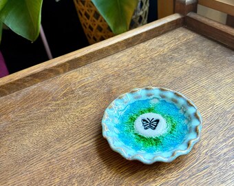 Vintage Studio Pottery Butterfly Trinket Dish Iridescent Blue Green Ceramic Bowl