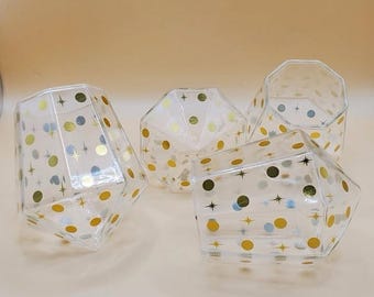 Chic and Tonic Faceted Glass Diamond Tumbler Set 4pc Gold Starburst Mid-Century