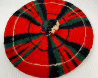 Boina escocesa vintage de mohair rojo a cuadros escoceses, estilo Royal Stewart