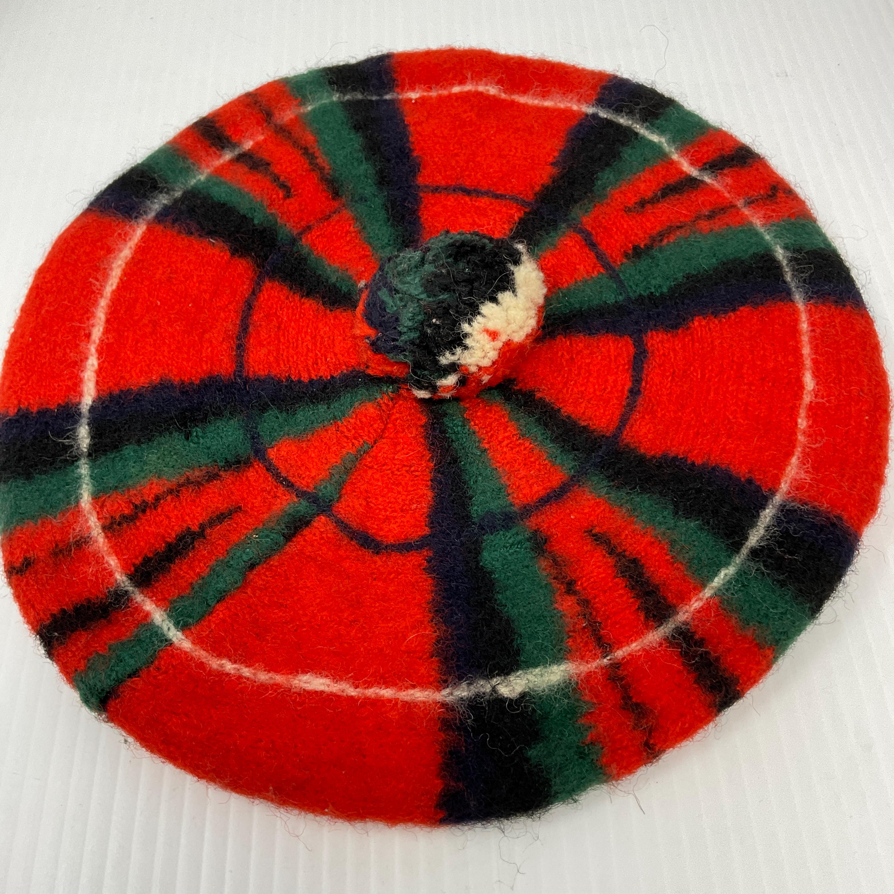 Vintage Mohair Scottish Red Plaid Tartan Beret Hat Royal 