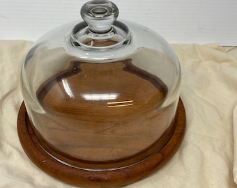Plato de mantequilla/plato de teca vintage con cúpula de cristal