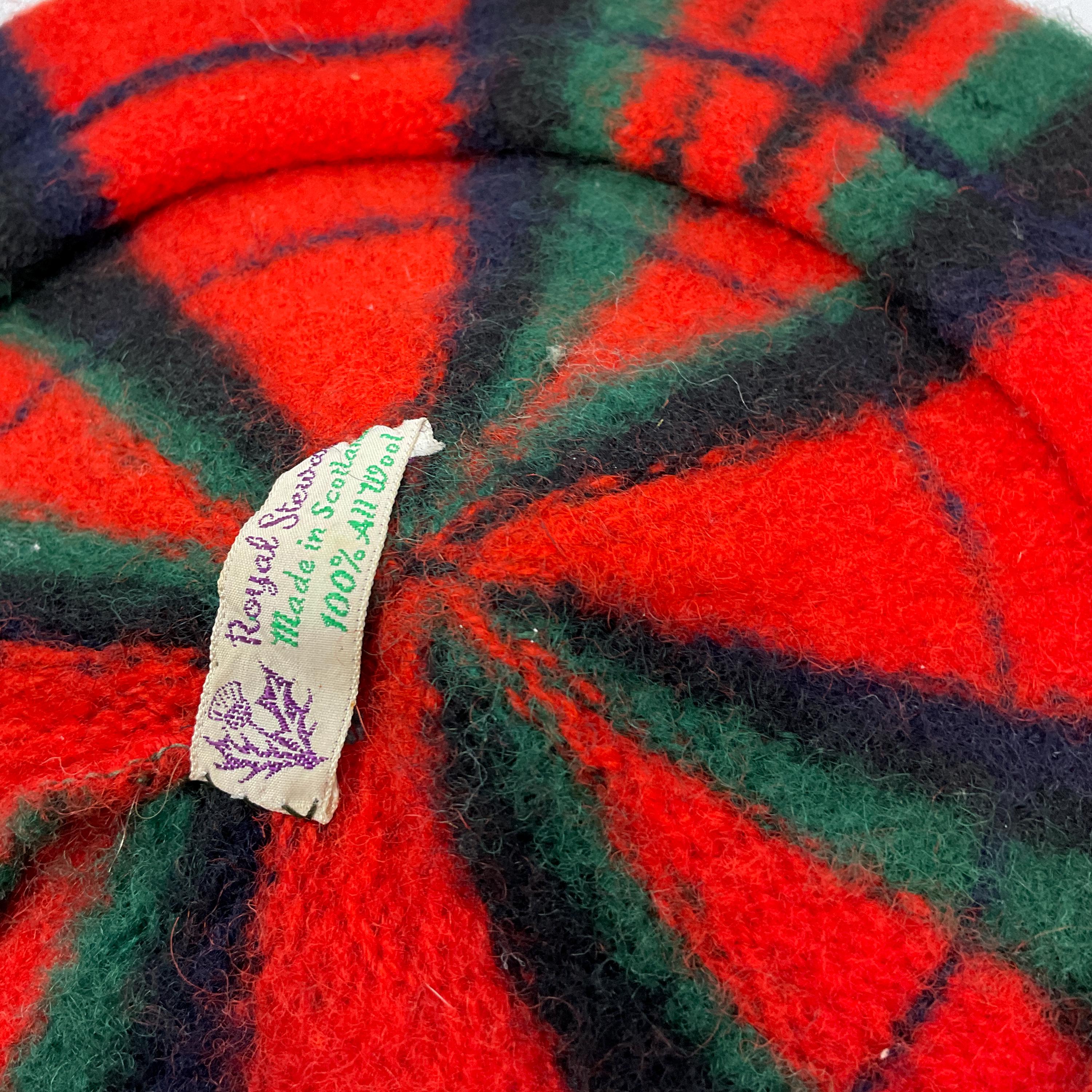 Vintage Mohair Scottish Red Plaid Tartan Beret Hat Royal 