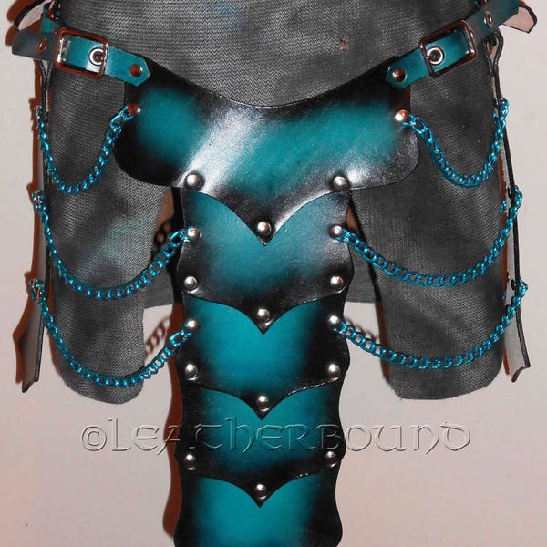 Leather Armor Waist Wrap Unisex in Teal and Black with chain
