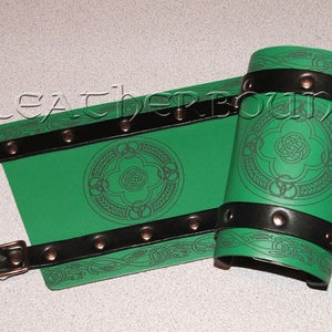 Leather Bracers in Green and Black with engraved Celtic image