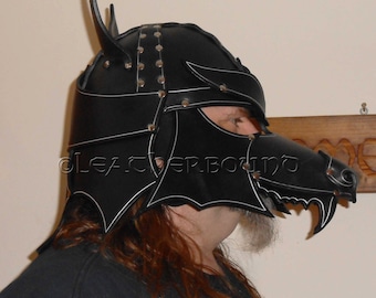Black leather wolf helm in heavy 12oz leather edged lined in silver