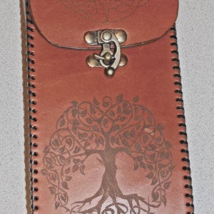 Celtic Engraved Leather Belt Travel Pouch Hand Laced in Chestnut.