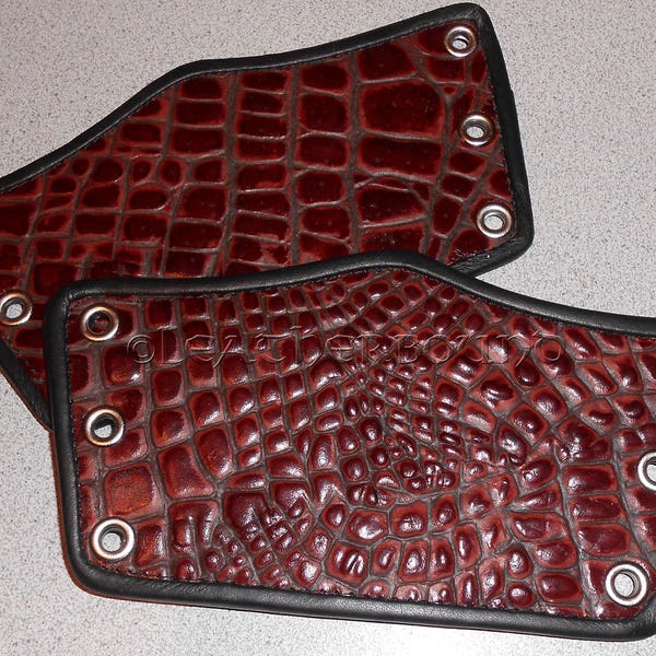 Leather Short Bracers with a deep Burgundy and Black Crocodile print overlay